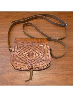 Mexican Handmade Brown Tooled Leather Crossbody Bag Purse w/ Adjustable Strap